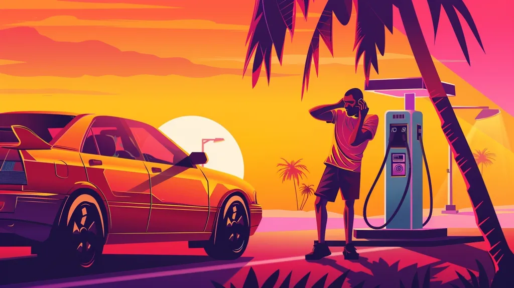 A man stands next to a red car, his hands over his ears, as if he is listening intently. Behind him is a gas pump and a palm tree. The background is a vibrant orange and yellow sunset. The scene feels nostalgic and reminiscent of a classic 80s film.