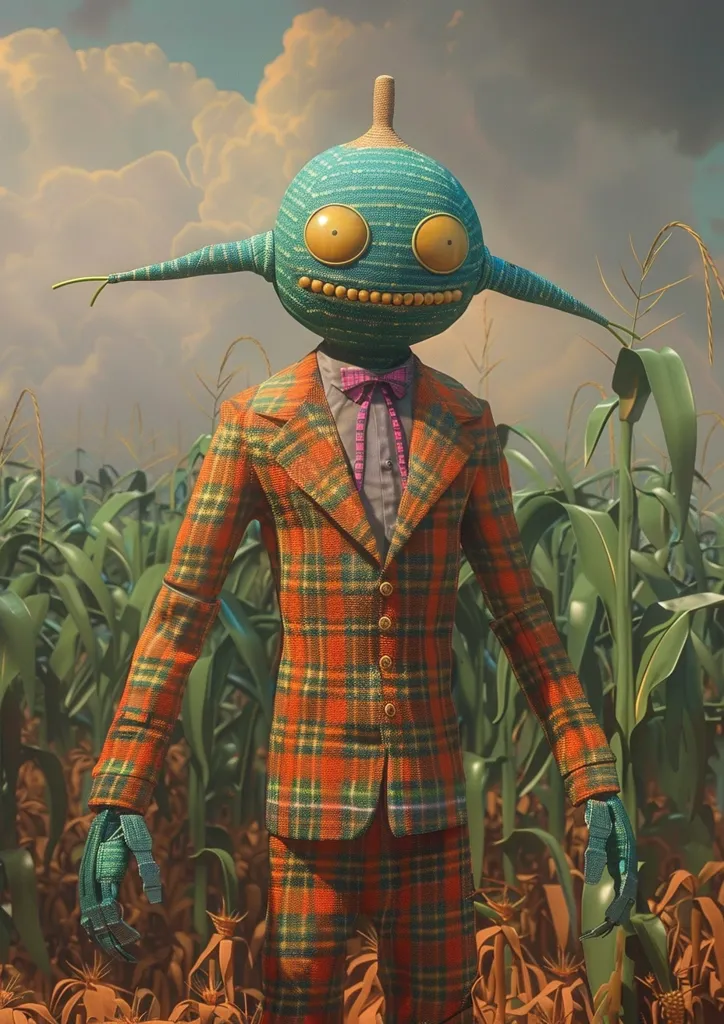 The image depicts a cartoon-like alien creature with a green head and a long, thin body. It is wearing a red and green plaid suit with a pink bow tie and has a large, toothy grin. It is standing in a field of corn, with the sun shining in the sky. The creature's yellow eyes are wide open and staring directly at the viewer, making it seem friendly and inviting.  The scene is set in a fantastical world, where alien creatures can dress in human attire.