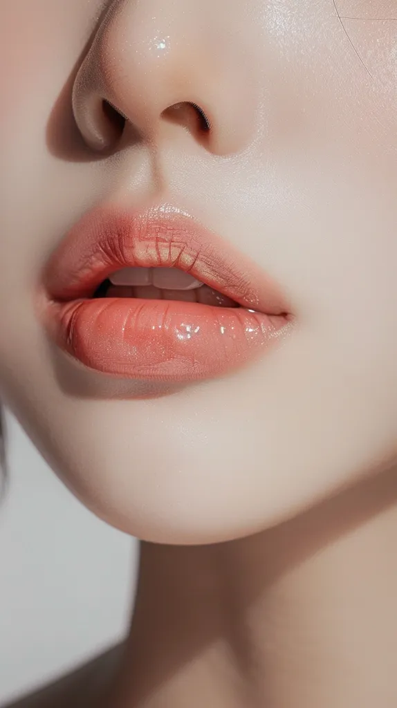 The image shows a close-up of a woman's face, focusing on her lips and nose. The lighting is soft and the skin appears smooth and flawless. The woman's lips are full and plump, with a glossy sheen. The image has a subtle, ethereal quality, highlighting the beauty of the woman's features.