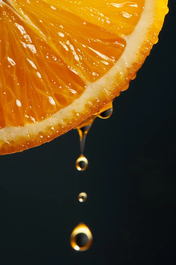 A close-up shot of a juicy orange slice dripping with orange juice against a black background. The orange is vibrant and fresh, with its segments clearly visible. The dripping juice forms glistening droplets, highlighting the citrusy and tangy nature of the fruit.  The image captures the essence of a summery treat, ripe and ready to be enjoyed.