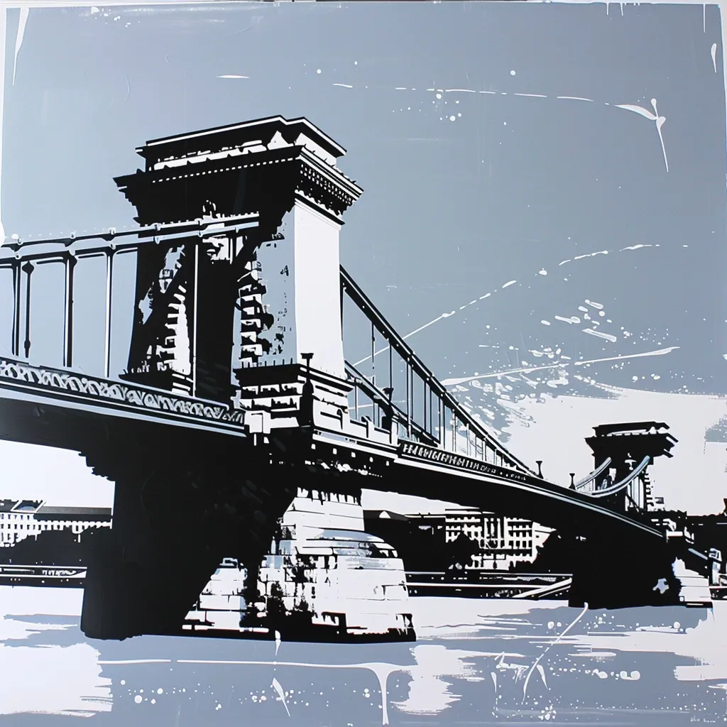 The image is a black and white silhouette of the Chain Bridge in Budapest, Hungary. The bridge is a suspension bridge that crosses the Danube River. The image is set against a grey background with white splatter paint. The bridge is a prominent landmark in Budapest and is a popular tourist destination. The image captures the bridge's elegance and beauty.