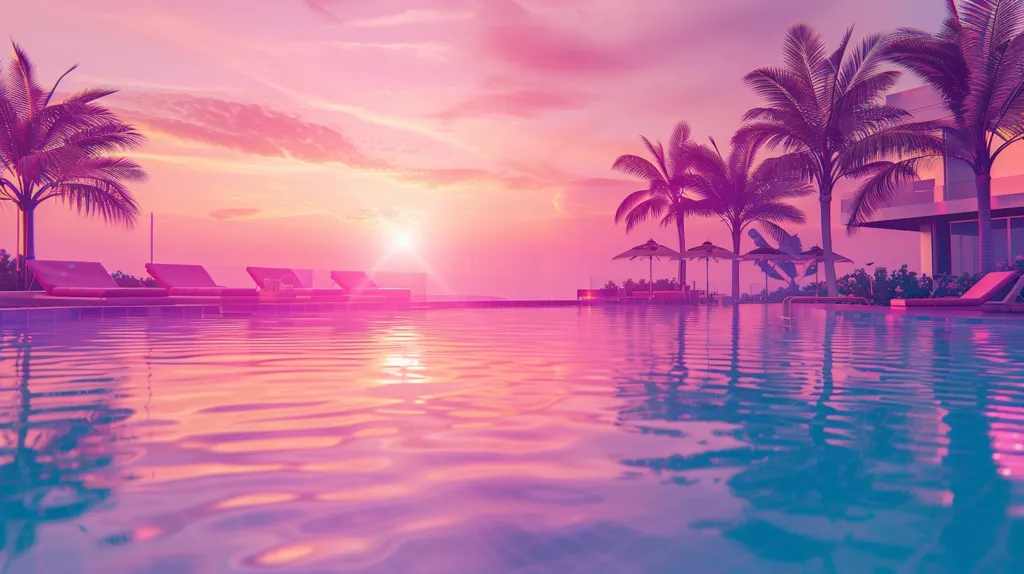 The image depicts a serene poolside scene bathed in a vibrant pink and purple sunset. Palm trees sway gently against a backdrop of pastel skies, their reflections dancing on the shimmering water. Empty lounge chairs line the pool's edge, inviting relaxation and tranquility.  The scene evokes a sense of calm and serenity, perfect for an idyllic getaway.