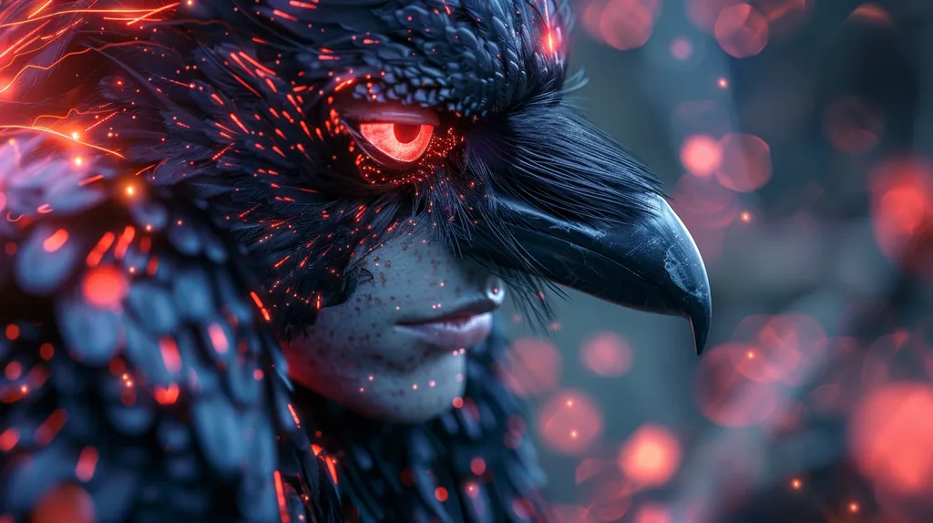 A close-up shot of a person with a raven mask. The person has a piercing in their lip, and their face is covered in red glowing dust. The raven's beak is pointed and sharp. The background is blurred with out-of-focus lights.  The overall tone is dark and mysterious, suggestive of a fantasy or supernatural theme.  The image is reminiscent of a creature from a dark, mythical tale.
