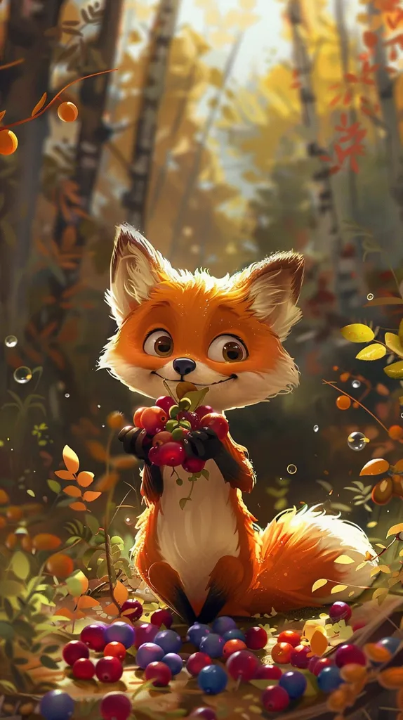 A cartoon fox sits in a forest, surrounded by vibrant red and blue berries. It holds a bunch of red berries in its paws and looks up with a mischievous smile. The forest is bathed in warm, golden sunlight, creating a magical atmosphere. The fox's fur is a rich orange, contrasting beautifully with the colorful berries and the green leaves.