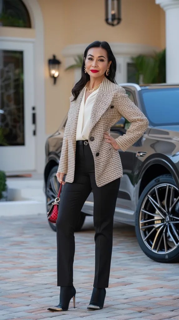 A woman with long black hair is posing in front of a silver SUV. She is wearing a beige and brown tweed blazer over a white collared shirt, black pants, and black heeled boots. She is holding a red handbag in her right hand and has a confident look on her face. The image is taken outdoors on a sunny day.