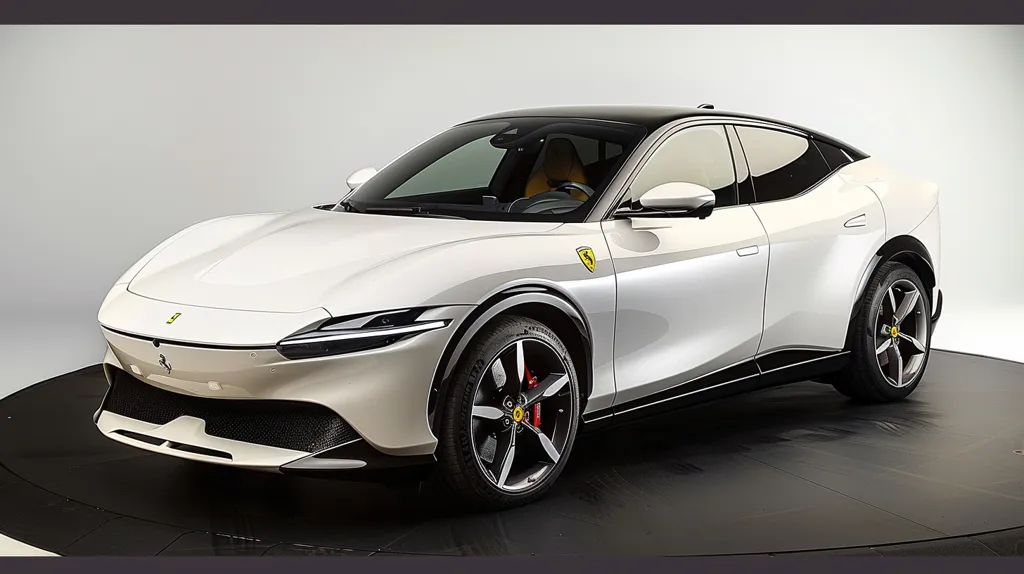 A sleek, white Ferrari SUV with a black roof and black accents. It sits on a black, rotating platform in a studio setting. The car has a sporty, futuristic design with large wheels and a low profile. The Ferrari logo is visible on the front grille. The car is gleaming and appears to be new.