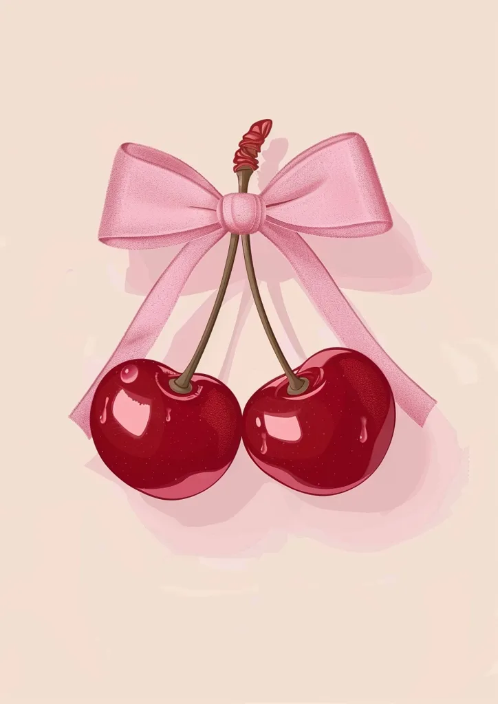 Two shiny red cherries are tied together with a pink ribbon, creating a delicate and sweet image. The cherries are plump and juicy, with a hint of pink in their shadows, suggesting they are fresh and ripe. The pale pink background complements the soft colors of the cherries and ribbon, creating a visually appealing and harmonious composition.