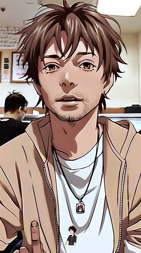 The image features a young man with brown hair, wearing a beige jacket over a white t-shirt with a small pendant necklace. He has a serious expression on his face and is looking directly at the viewer.  The background is blurred, suggesting a casual setting. The image is likely a character from an anime or manga series.  The artwork style is vibrant and detailed, capturing a sense of youthful energy and intrigue.
