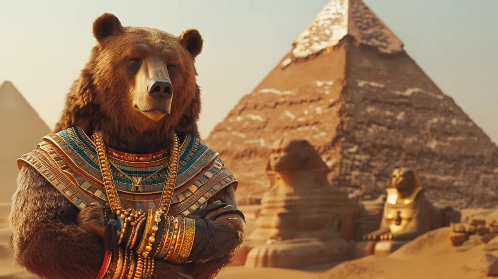A brown bear, adorned in elaborate gold and jewel-encrusted Egyptian attire, stands confidently in front of a massive pyramid.  The bear's powerful presence and regal attire create a striking contrast with the ancient stone structure. The Sphinx, a smaller statue carved into the pyramid,  adds a touch of mystique to the scene. The warm desert landscape further emphasizes the bear's commanding presence and suggests a story of ancient power and mystery.