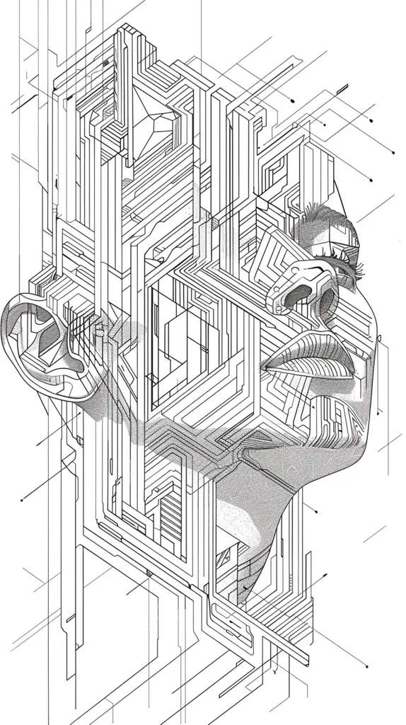A black and white line drawing of a human face constructed from geometric shapes. The face is composed of layers of interlocked lines, creating a sense of depth and complexity. The image suggests the intersection of technology and humanity. The lines resemble circuitry, evoking a sense of digitality and the future. The overall effect is one of intricate design and abstract representation.