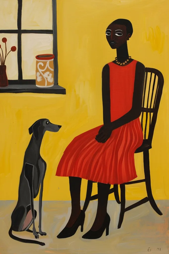 A woman in a red dress sits on a chair, her hands folded in her lap. Her dark skin is stark against the bright yellow wall. A black dog with long ears sits on the floor, looking up at the woman. The background includes a window and a potted plant, all rendered in simple, bold shapes. The painting is stylized, with flat areas of color and thick outlines.
