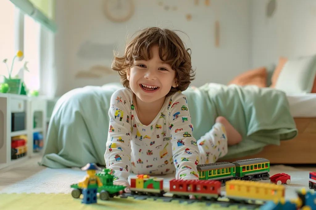 A young boy in pajamas with a bright smile lies on a bed, playing with a colorful toy train set. He is surrounded by soft bedding and the room has a warm and inviting atmosphere. His playful expression and the vibrant colors of the toys convey a sense of childhood joy and wonder.