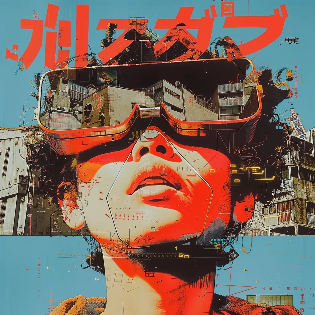 The image is a vibrant, stylized portrait of a person wearing futuristic goggles. The goggles reflect a cityscape, suggesting a virtual reality experience. Bold red and yellow colors dominate the composition, creating a sense of energy and dynamism. The person's expression is one of wonder and curiosity, hinting at the possibilities of the future. The Japanese characters in the background suggest a cultural context, adding another layer of intrigue to the artwork.