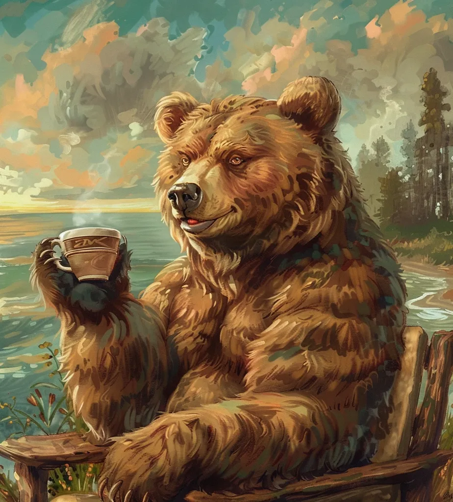 A large brown bear sits on a wooden chair by a lake. He is holding a steaming cup of coffee in his paw and gazing out at the water. The scene is set in a forest with tall trees and a beautiful sunset in the background. The bear appears relaxed and content, enjoying the tranquility of nature. The painting is a whimsical and charming portrayal of an unexpected yet delightful moment.