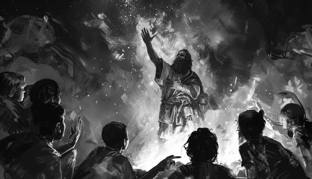 The image depicts a group of people gathered around a fire, gazing up at a man who is raising his arms in the air, surrounded by a hazy glow. The scene is rendered in black and white, creating a sense of mystery and drama. The figures are silhouetted against the light, emphasizing their awe and wonder.