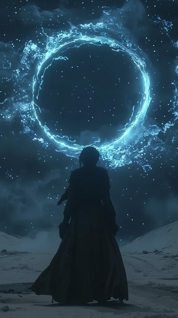 A lone figure stands silhouetted against a snowy landscape, gazing up at a glowing blue ring in the night sky. The ring, composed of swirling energy, casts a faint light across the scene, illuminating the stars above and the frosted ground beneath. The figure's long cloak billows slightly in the wind, adding a sense of mystery and isolation to the composition. The image evokes a sense of wonder, perhaps hinting at a fantastical journey or a momentous event about to unfold.