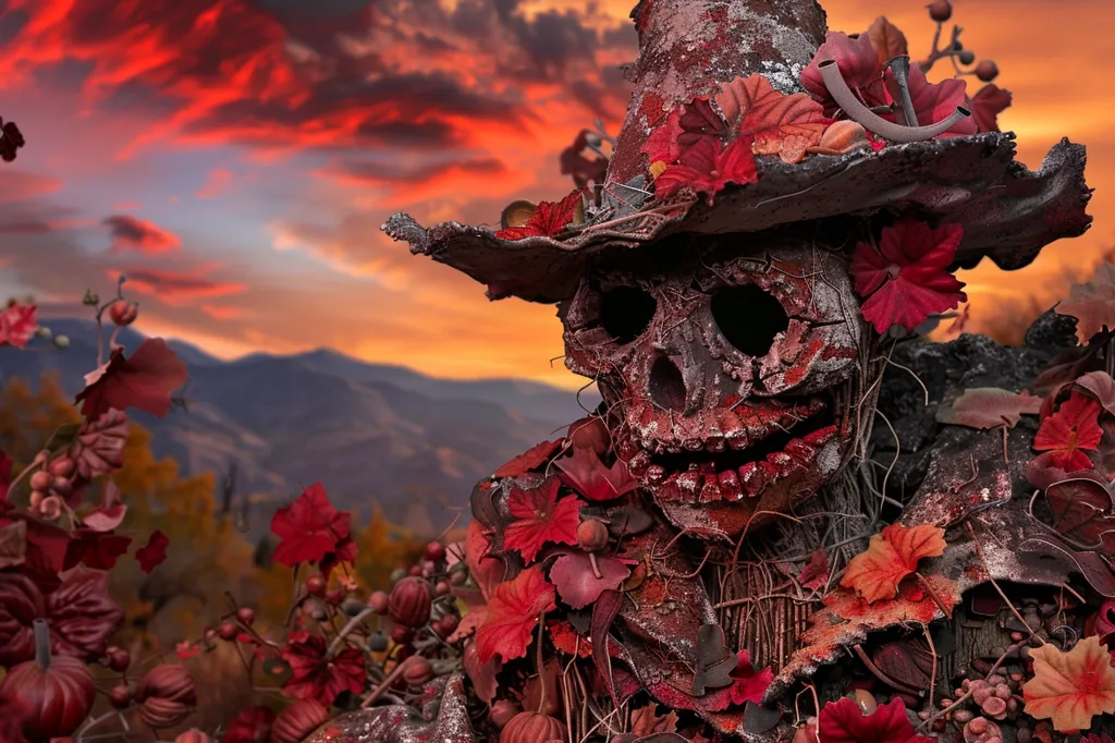 A weathered, skeletal figure with a wide-brimmed hat adorned with autumn leaves stands in a field of crimson foliage. The figure's face is a chilling skull, with a wide, toothy grin. The backdrop is a dramatic, sunset sky over rolling hills, adding to the eerie atmosphere. The image evokes feelings of autumn, decay, and the approaching Halloween season.
