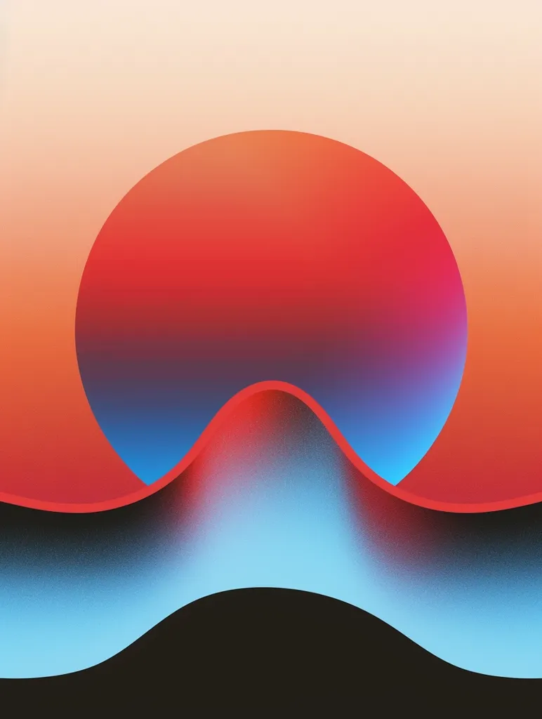 The image is an abstract design with a large, red and blue gradient circle at the top, covering the majority of the image. The circle is bisected by a black, undulating line that curves at the bottom to create a more mountainous effect. The background is a lighter shade of orange. The design is minimalist and modern, with a focus on simple shapes and bright colors.