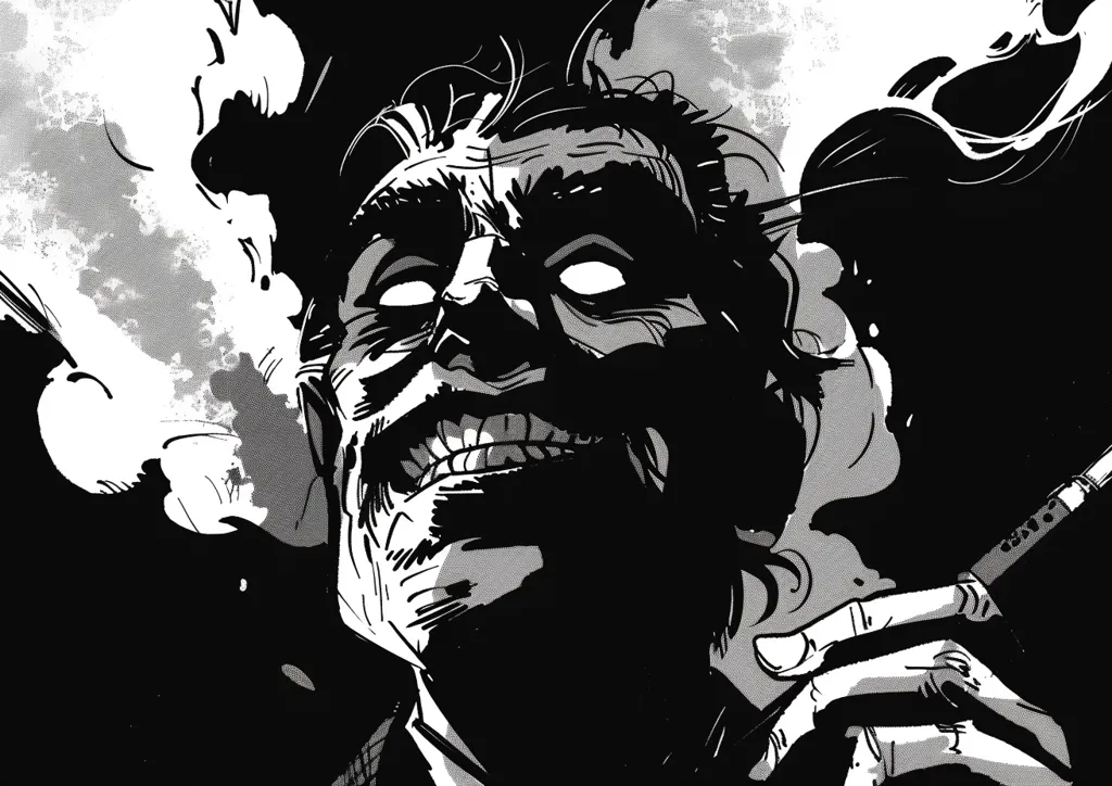 The image is a black and white illustration of a man with a sinister smile. He is smoking a cigarette, and smoke billows out behind him. His eyes are wide and intense, and his expression is one of both amusement and malice. The image is stylized and dramatic, creating a sense of mystery and danger.