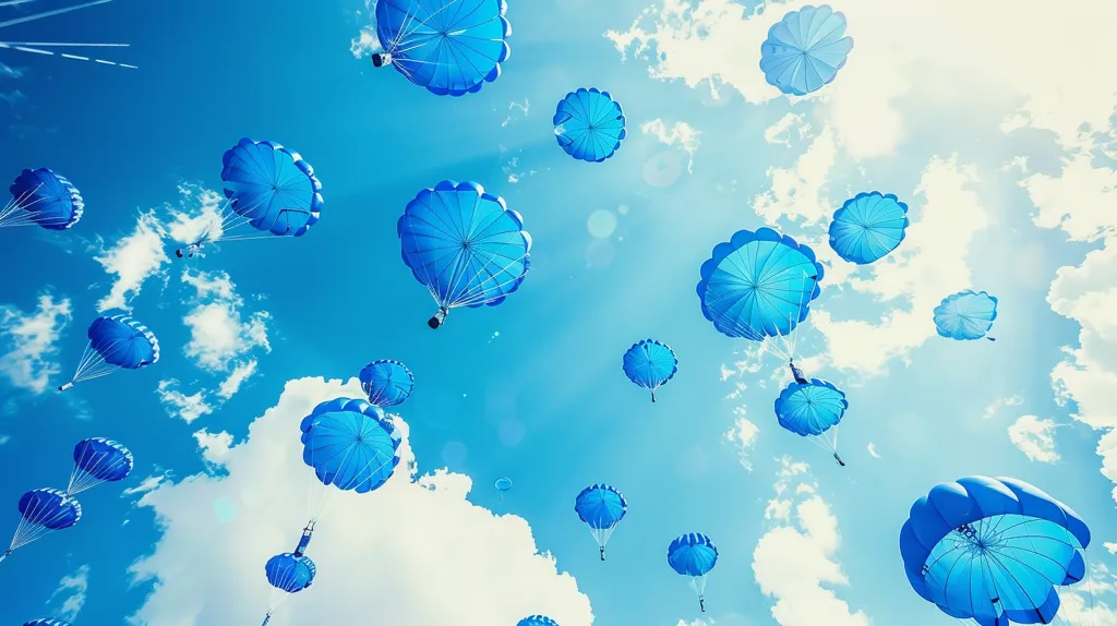 The image shows a bright blue sky with fluffy white clouds. There are many blue parachutes floating in the air, with people attached to them. The parachutes are scattered across the sky, creating a beautiful and whimsical scene. The image captures the excitement and freedom of skydiving.