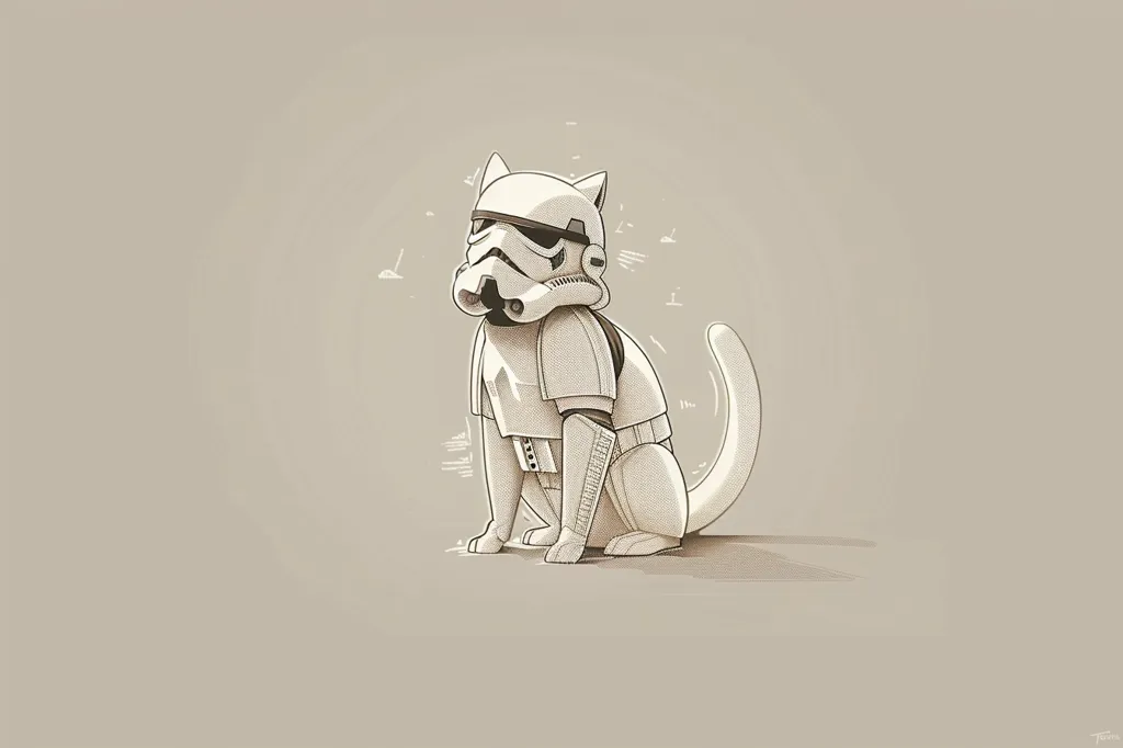 The image shows a cat dressed as a Star Wars Stormtrooper. The cat is sitting on a beige background, its white fur blending into the background. Its body is covered in the iconic Stormtrooper armor, including the helmet, which has cat ears protruding from the top. The cat's tail is curled behind it, creating a whimsical contrast between the fierce warrior and the playful feline.