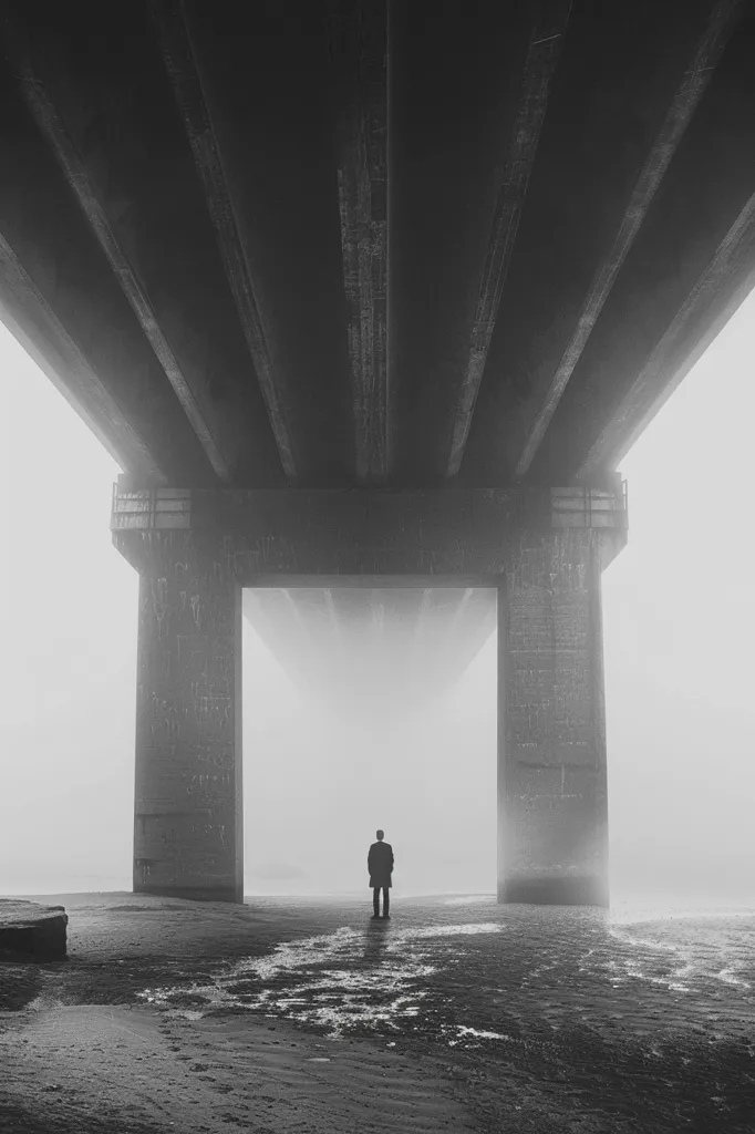 The image shows a man standing in the middle of a foggy landscape, with a concrete bridge overhead. The man is silhouetted against the hazy background. The scene is muted in black and white, emphasizing the loneliness and isolation of the man in the vast, misty expanse. The imposing bridge structure acts as a backdrop, suggesting a sense of confinement and mystery.