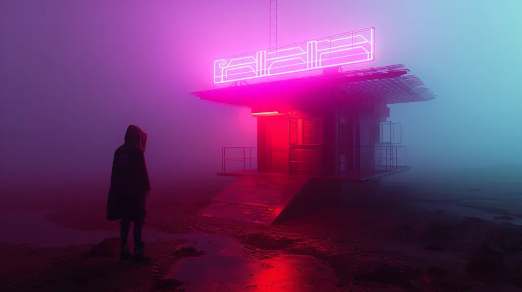 A lone figure stands in a hazy, neon-lit landscape. The figure is silhouetted against a futuristic building with a glowing pink sign. The scene is bathed in a vibrant pink and blue light, creating a surreal and otherworldly atmosphere. The ground is uneven and appears to be wet, reflecting the neon glow. The overall feeling is one of mystery and isolation.