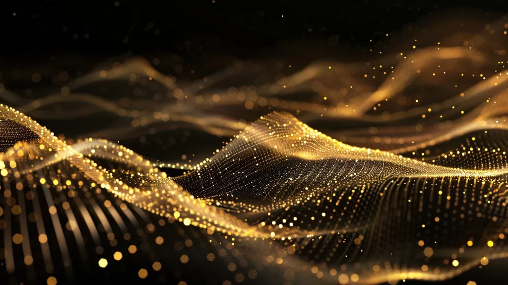 The image showcases a digital abstract design with swirling golden particles against a black background. The particles appear to be forming a wave-like pattern, creating a sense of movement and depth. The overall effect is luxurious and shimmering, with the golden particles catching the light and reflecting it back.