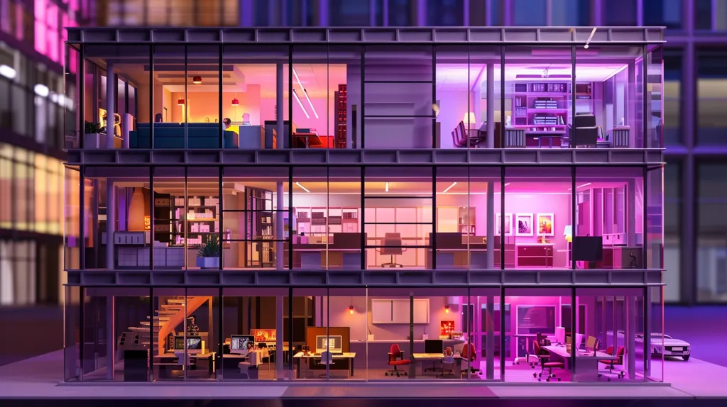 The image shows a modern, glass-fronted building with four floors, each lit with colorful neon lights. The interior is visible, revealing various office spaces with desks, chairs, and computers. The building has a minimalist design, with sleek lines and a focus on functionality. The neon lights create a vibrant and dynamic atmosphere, while the glass facade reflects the surrounding cityscape.