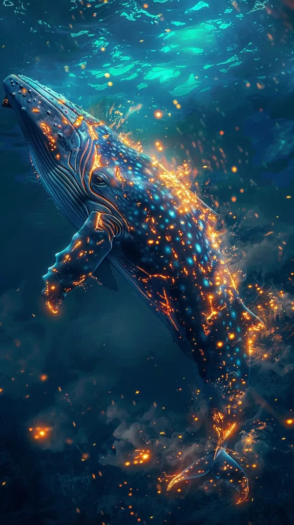 A large, blue whale swims through a dark blue ocean. The whale is covered in glowing orange and yellow particles, as if it's made of fire. The water around it is filled with small, sparkling particles, creating a magical and ethereal effect. The whale appears to be glowing from within, illuminating the dark depths of the ocean. The image is a mesmerizing blend of beauty and wonder.