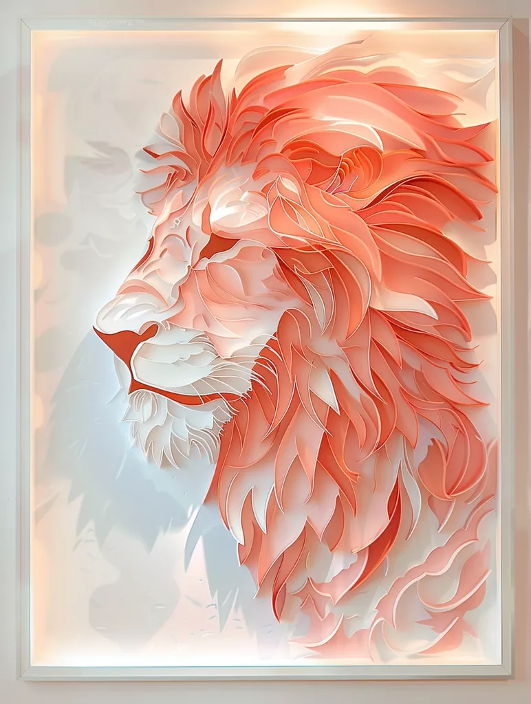 The image is a 3D paper art sculpture of a lion's head. The lion is made of layered, intricately cut pieces of paper, creating a textured and dimensional effect. The lion's mane is a vibrant orange color, while the rest of its face is a lighter shade of pink. The sculpture is framed in a white frame, and the background is a simple white surface. The lion's gaze is focused on something off to the side of the image.