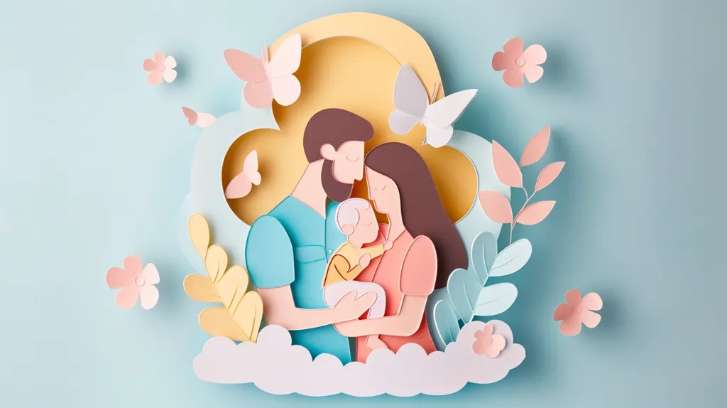 This paper art piece depicts a family of three - a man, a woman, and a baby - embracing each other.  They are surrounded by pastel-colored flowers, butterflies, and leaves, creating a warm and loving atmosphere. The soft colors and delicate details emphasize the tenderness and joy of family life.