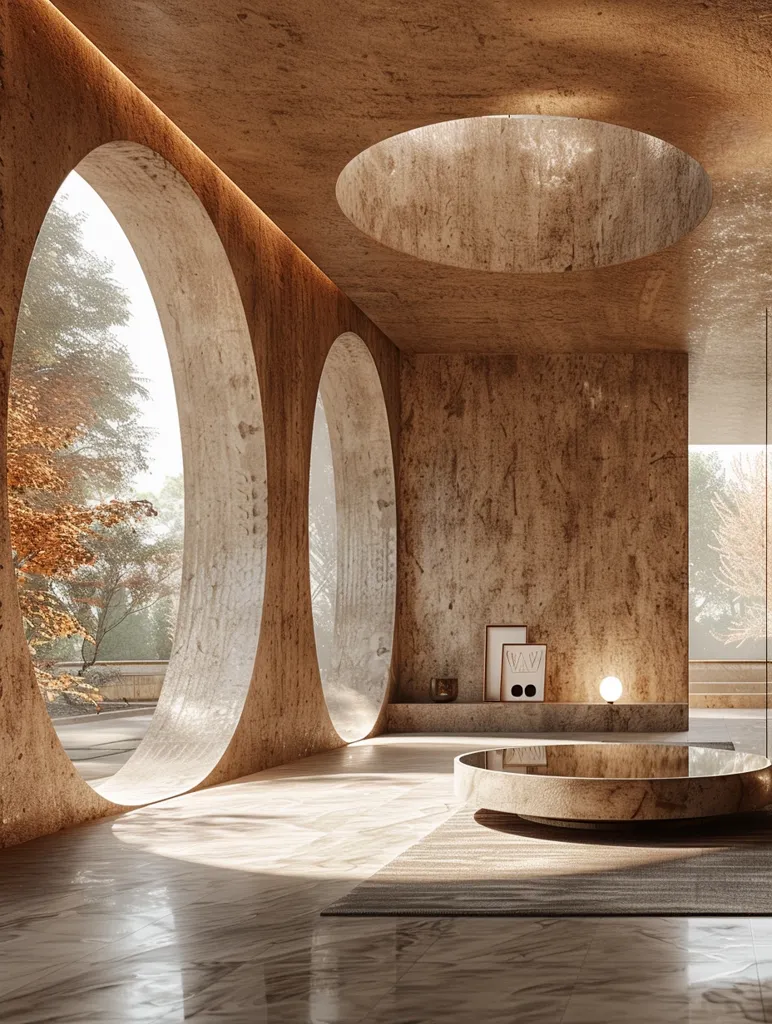 The image shows a modern interior with a large, round, open window that looks out onto a green and leafy landscape.  The wall is a warm, earthy tone and there are two smaller round windows on either side of the large one.  There is a round, low table in the center of the room and a rug with a long, thin rug in front of it.  The room feels spacious and serene.