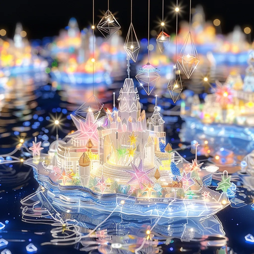 A miniature castle made of lights floats on a rippling surface of water, surrounded by other illuminated structures and a canopy of hanging geometric lights. The castle's facade is adorned with stars, and its reflection shimmers in the water, creating a magical and ethereal scene. The overall effect is one of delicate beauty and whimsical enchantment.