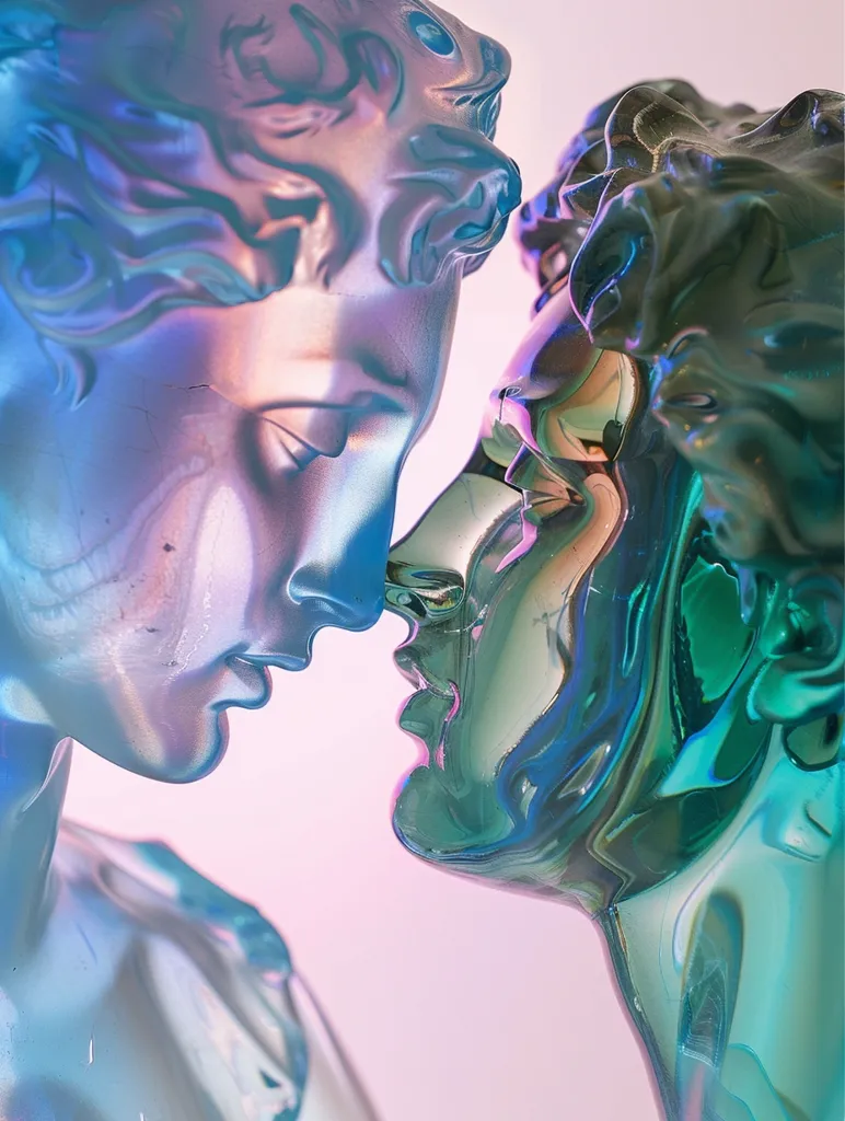 Two figures, seemingly sculpted in glass, lean in towards each other in a close embrace. Their faces are obscured by the iridescent, swirling glass, creating an ethereal and dreamy atmosphere. The soft lighting casts a subtle glow on the figures, enhancing their otherworldly beauty. The image is a captivating blend of artistry and abstract imagery, leaving viewers to interpret the emotions and story behind the scene.