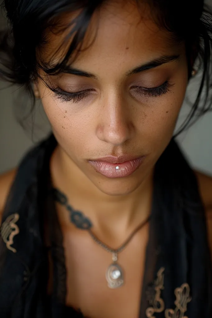 A young woman with long black hair and dark eyes looks down with her mouth closed. Her skin is freckled and she is wearing a black scarf and a silver necklace with a pendant.  She has a small lip piercing.  The image is soft-focus and the background is out of focus.