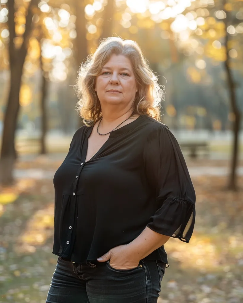 A woman with long, blonde hair stands in a park. She is wearing a black top, black jeans, and a silver necklace. She has her hand in her pocket, and her expression is serious. The background is blurry, with out-of-focus foliage behind her. The warm, golden light of the afternoon sun shines through the trees.