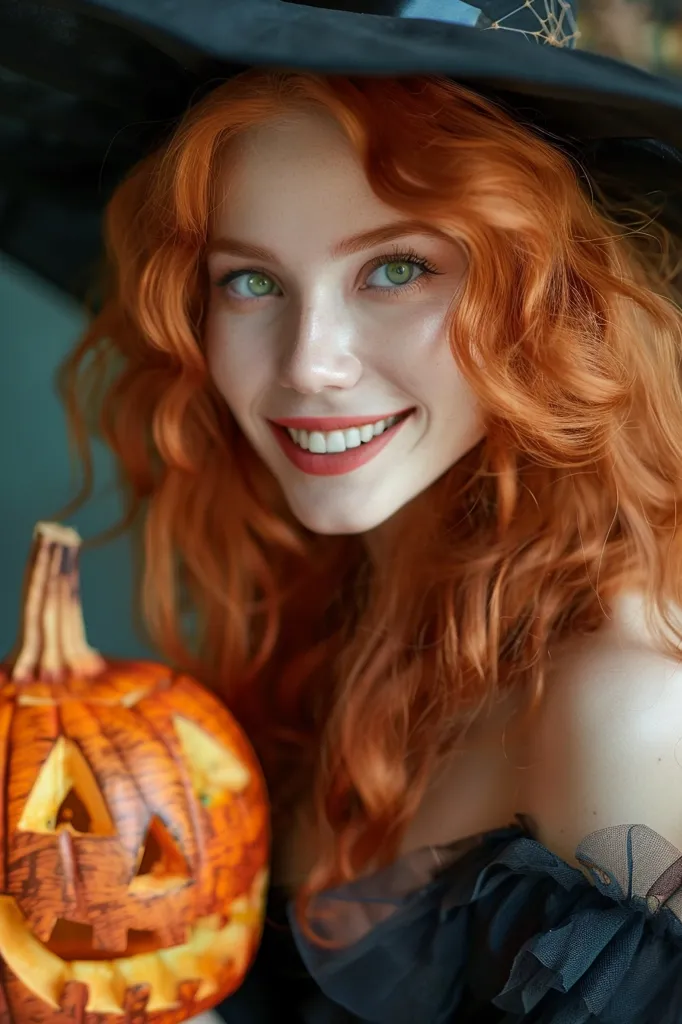 A young woman with long, curly red hair is wearing a black witch's hat and a black dress. She is holding a carved pumpkin in her left hand and smiling at the camera. The woman's green eyes and bright smile create a playful and charming expression. The image is likely related to Halloween and features a whimsical, festive aesthetic.