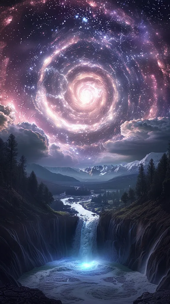 A majestic waterfall cascades down a rocky cliff face, its water crashing into a pool below. The night sky is ablaze with a swirling galaxy of stars, its light illuminating the surrounding mountains and forests. A sense of awe and wonder permeates the scene, inviting the viewer to contemplate the vastness of the universe.