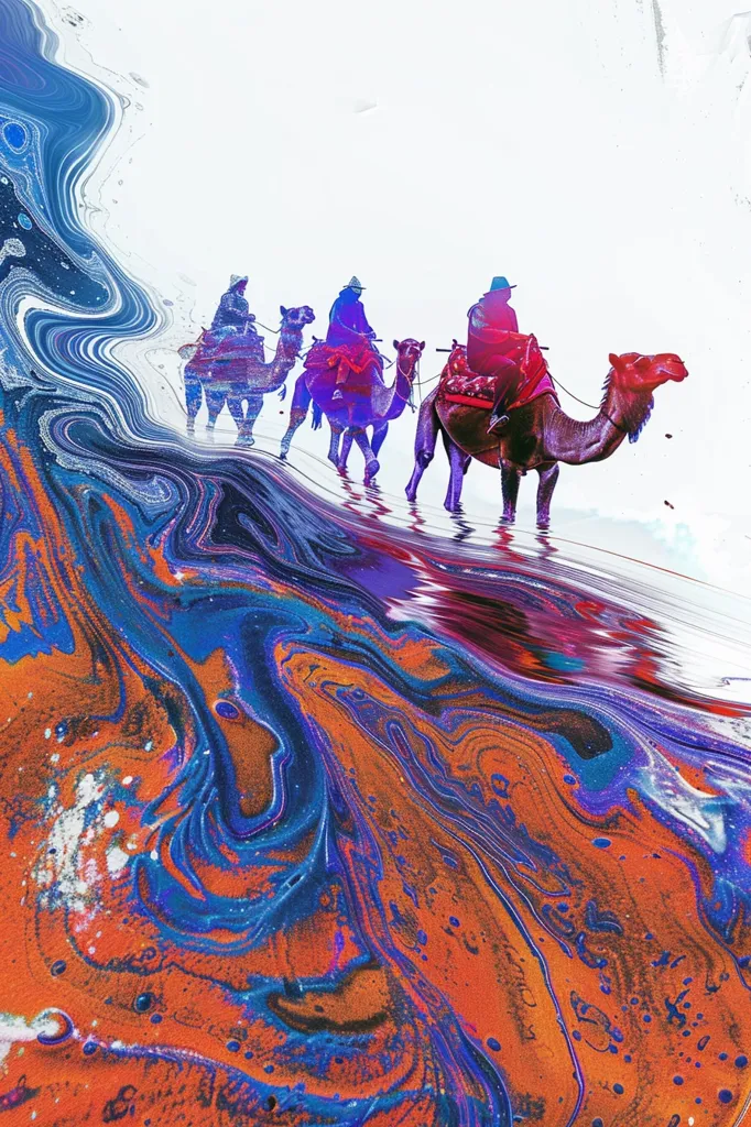 The image features a group of four camels, with riders, walking across a white, hazy landscape. The camels are rendered in a vibrant, almost psychedelic color scheme, with shades of purple and pink dominating. Below them, the ground is depicted as a swirling abstract pattern of blue, orange, and purple, resembling a painting of marbled paint. The overall composition creates a surreal and dreamlike atmosphere.