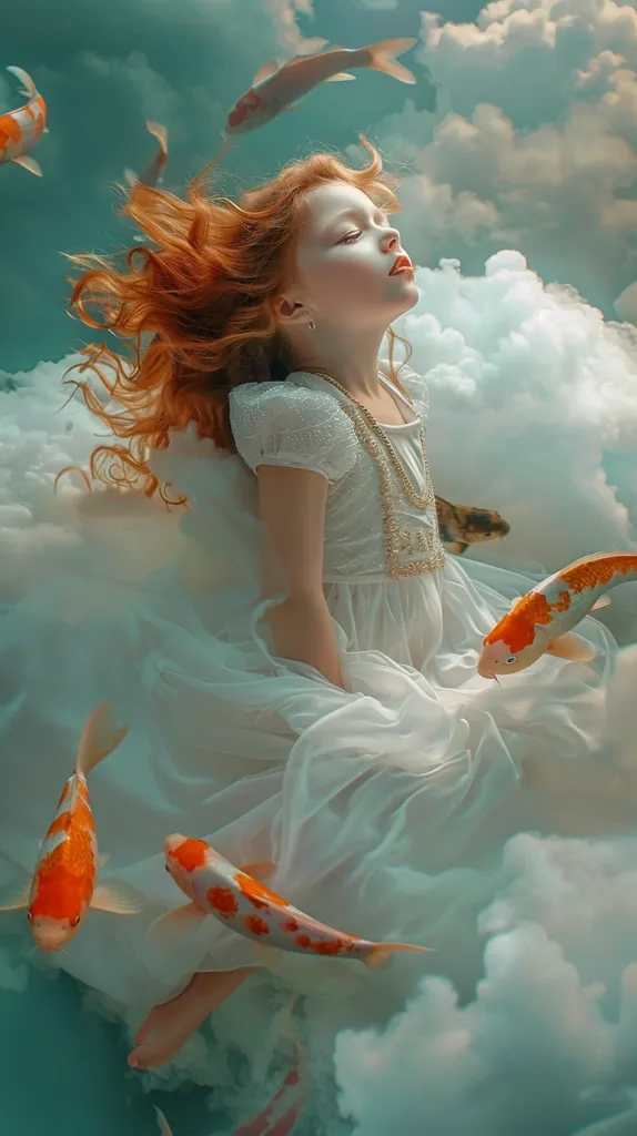 A young girl with flowing red hair wears a white dress and floats amidst clouds and koi fish. The girl has her eyes closed and appears to be sleeping or dreaming, creating a sense of ethereal beauty and tranquility. The image evokes a sense of peace and wonder, with the girl seemingly lost in a world of dreams and fantasy.
