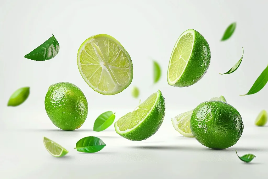 A white background with fresh limes and leaves falling and floating. One lime is cut in half with its seeds visible, while the others are whole.  The limes are green and shiny, while the leaves are a light green and slightly translucent. The image is a still life that evokes a sense of freshness and vibrancy.