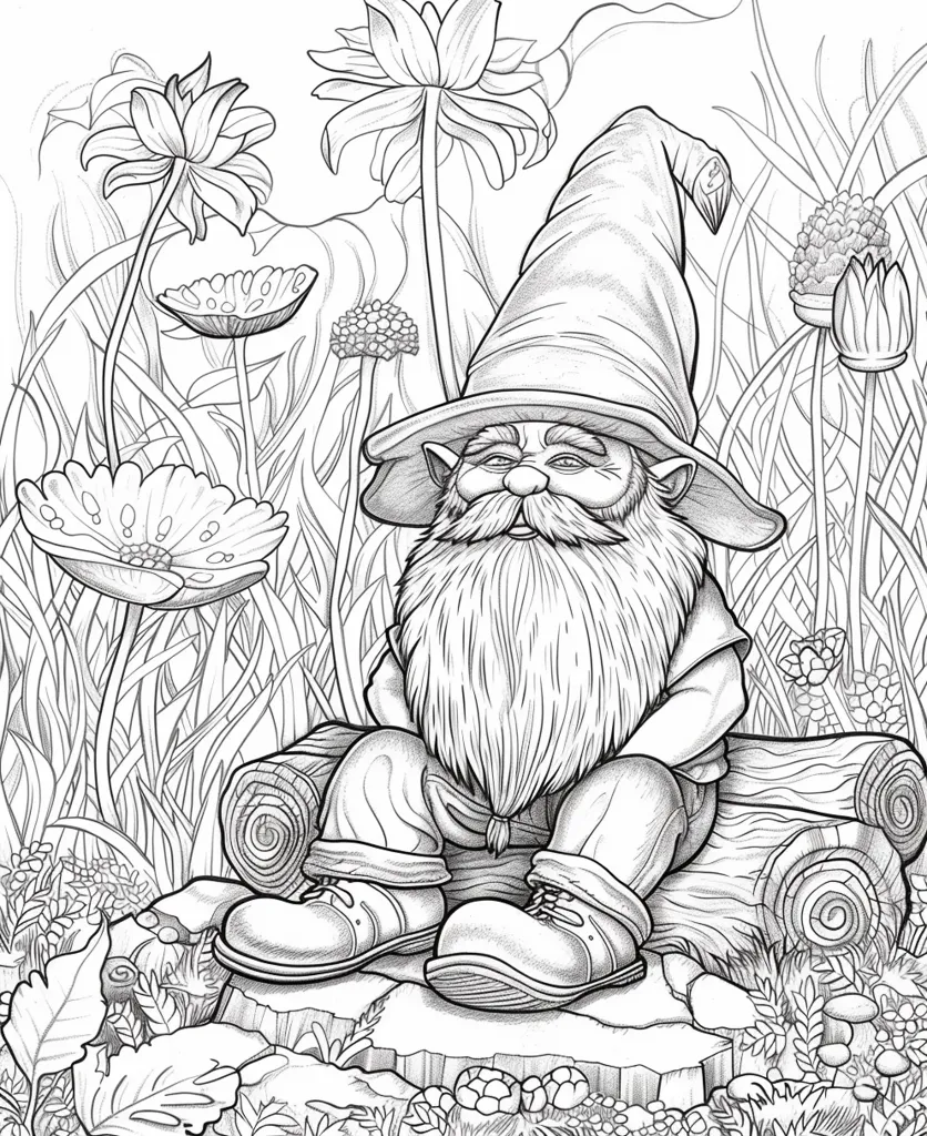A gnome with a pointed hat sits on a log in a garden, surrounded by tall grass and flowers. His large beard is visible, and he is wearing boots. His legs are crossed, and his hands are resting on his knees. The scene is drawn in black and white.  The drawing is detailed and intricate, with a focus on the gnome's features and the surrounding foliage. The overall tone of the image is peaceful and whimsical.