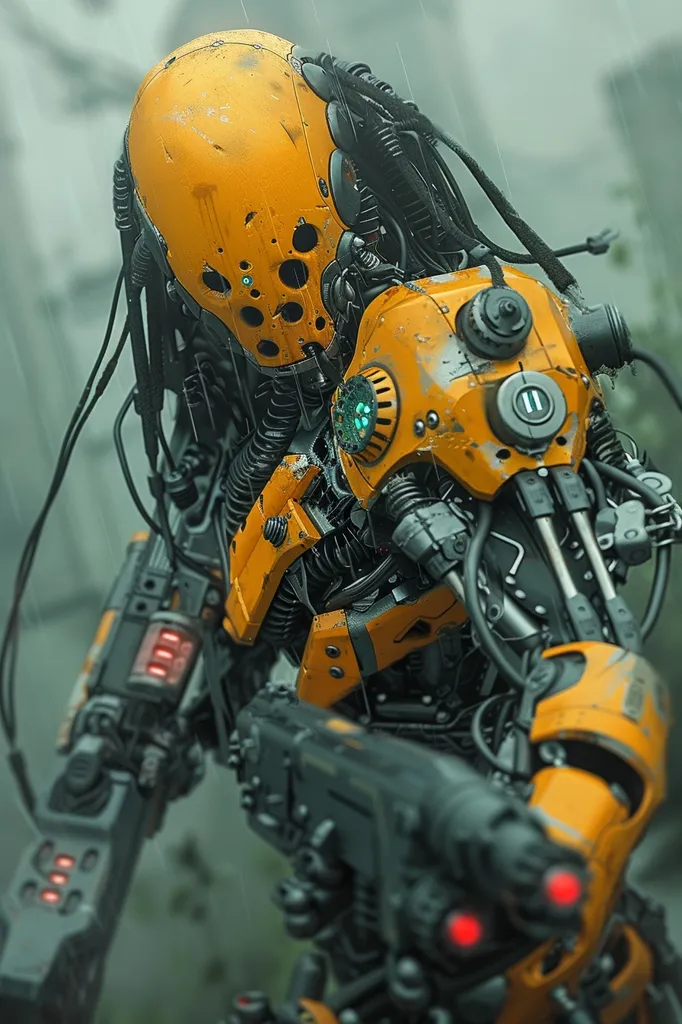 The image depicts a futuristic robotic soldier, its yellow and black body a testament to advanced technology. The robot’s head is covered by a yellow helmet, with intricate details and numerous vents. Its arms are equipped with powerful weapons, with red glowing lights hinting at their destructive potential. The robot is set against a blurry background, suggesting a dynamic action scene.  The overall image evokes a sense of power, technological advancement, and potential danger.