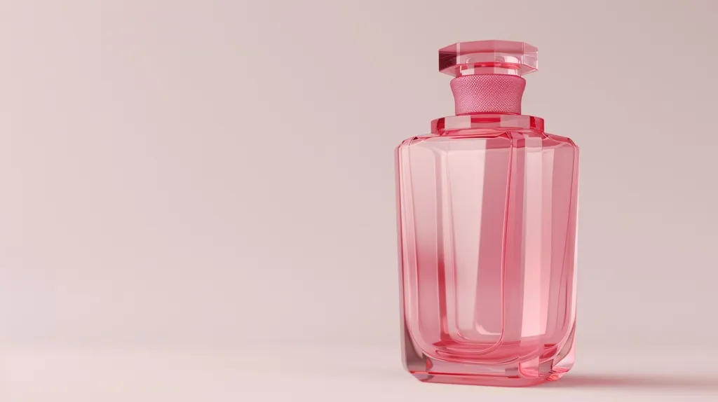 The image shows a pink perfume bottle with a square-shaped body and a hexagonal cap. The bottle is transparent and the liquid inside is a light pink color. The bottle is resting on a plain white background. The image is well-lit and focuses on the perfume bottle, with a blurred background. The image conveys a sense of luxury and sophistication, and the pink color evokes a feeling of femininity and elegance.