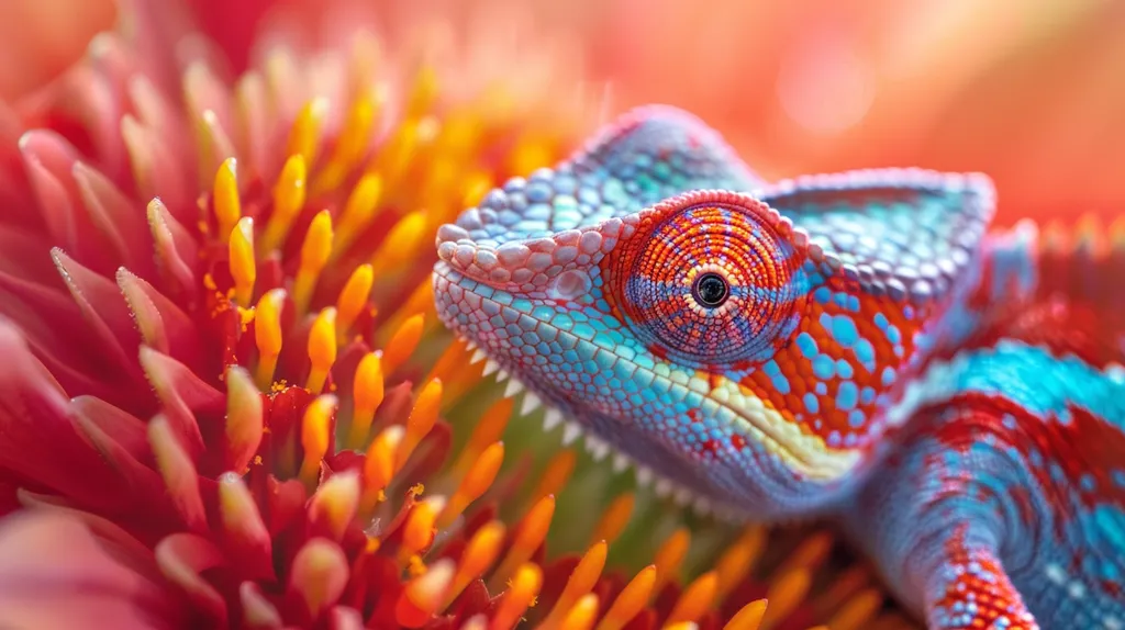 A vibrant chameleon with a blue and red patterned body rests on a bright red flower with yellow-orange tips. The chameleon’s eye is large and round with concentric circles of red, blue, and black. Its skin is textured with a scaly pattern. The flower provides a colorful backdrop, creating a striking visual contrast.