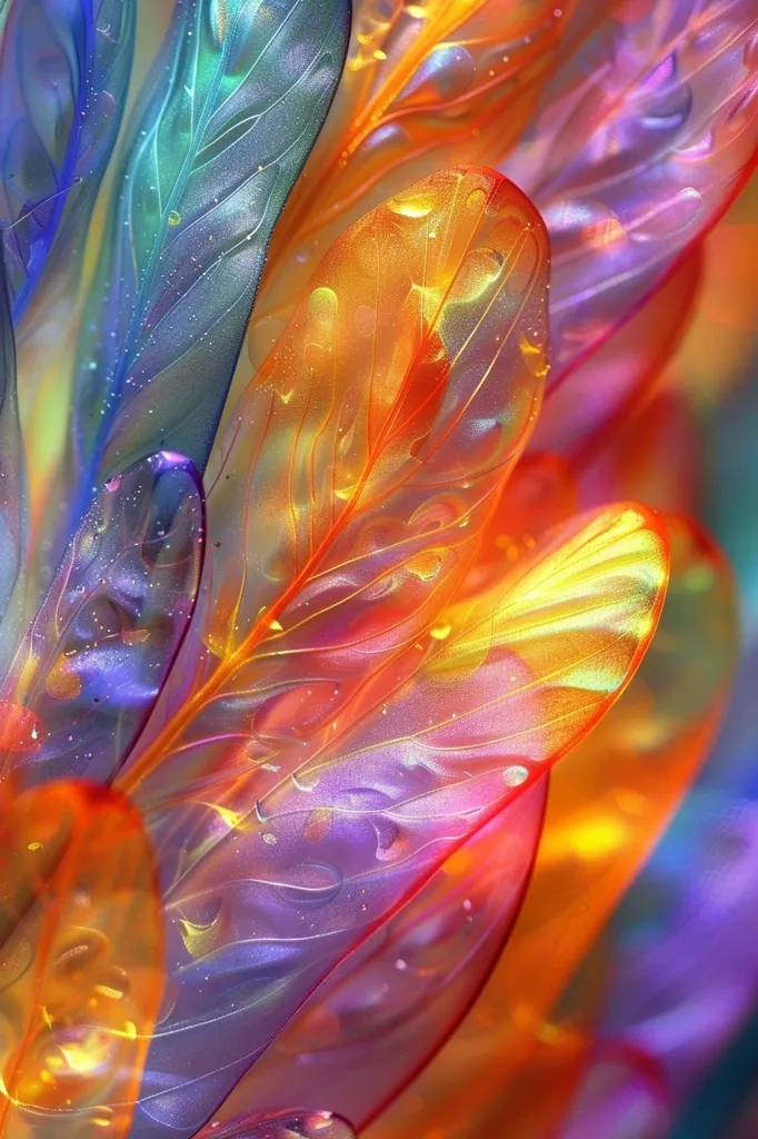 A close-up shot of iridescent, translucent leaves in shades of blue, purple, orange, and yellow. The leaves are layered and overlapping, creating a sense of depth and texture. The light reflects off the surfaces, adding to the ethereal and dreamlike quality of the image.  The delicate veins and patterns on the leaves are visible, highlighting their organic beauty.