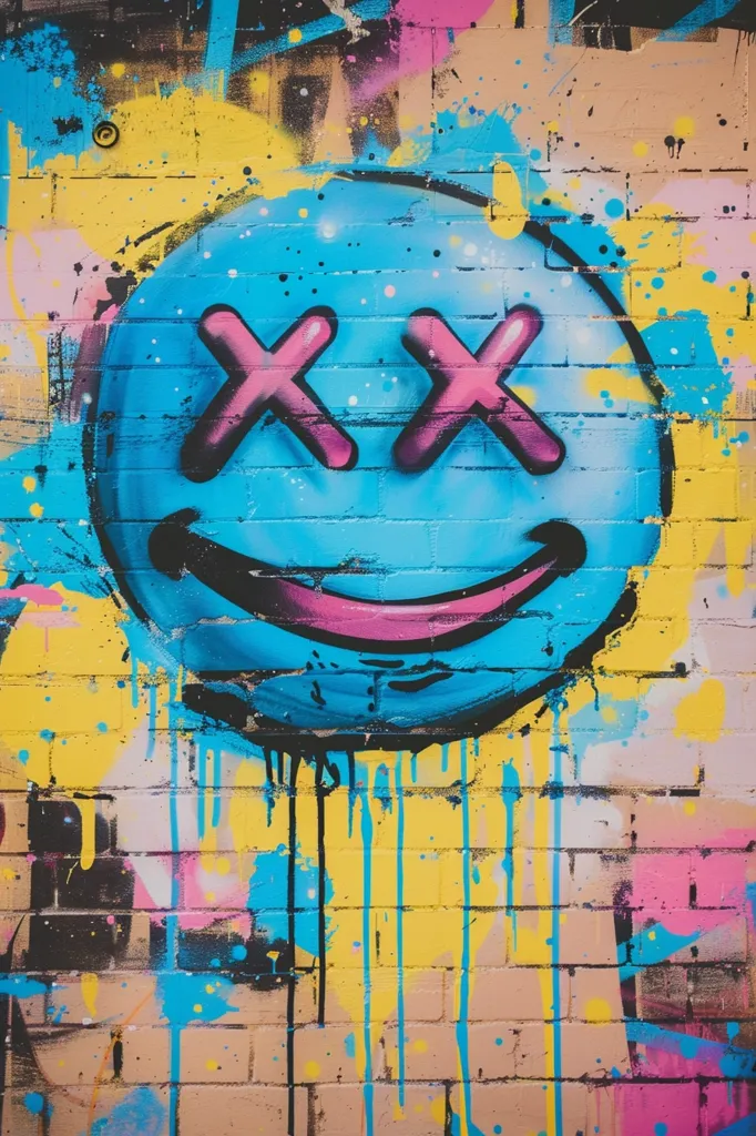 A vibrant blue smiley face with pink "X" eyes is spray-painted onto a brick wall. The background is a chaotic mix of yellow, pink, and blue paint splatters and drips. The image is a playful and abstract representation of urban street art.