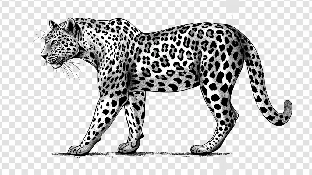 A black and white illustration of a leopard walking with its head turned to the side. The image is detailed with each individual spot on the leopard's fur rendered in a stippled style. It is rendered in a realistic style.