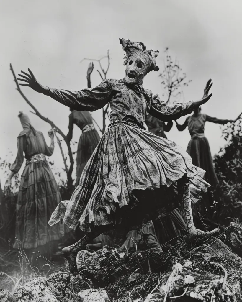 A black and white photo captures a woman in a long, flowing dress, wearing a mask, as she dances with other women in the background. The woman's face is obscured by the mask, which gives the image a sense of mystery and intrigue. The image is likely taken in a rural area, as the surroundings are filled with trees and brush. The overall effect is one of otherworldly beauty and haunting mystery.